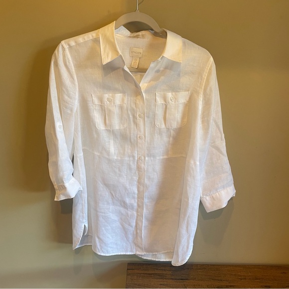 Chico's White Linen Long Sleeve Button-Down Blouse - Picture 1 of 7